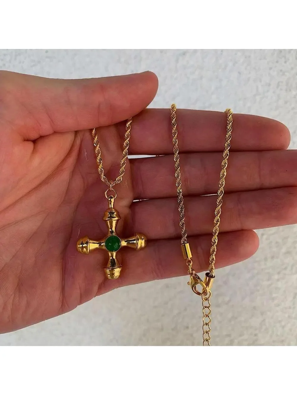 Futuristic Cross Star Green Opal Pendant Gold Rope Chain Necklace. Stainless